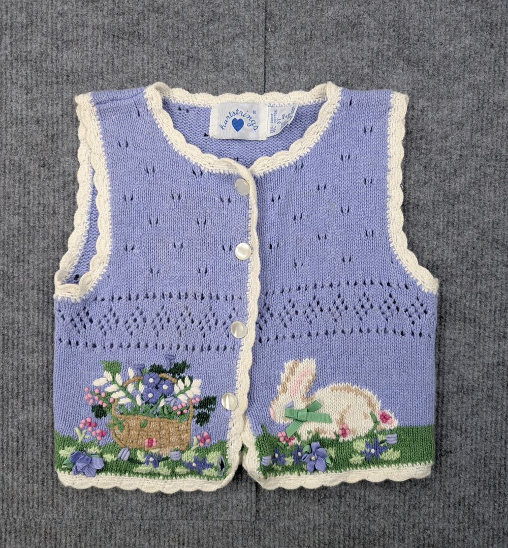 Vintage Hartstrings Sweater Vest Girl 3T Embroidered Eyelet Scallop Rabbit Bunny